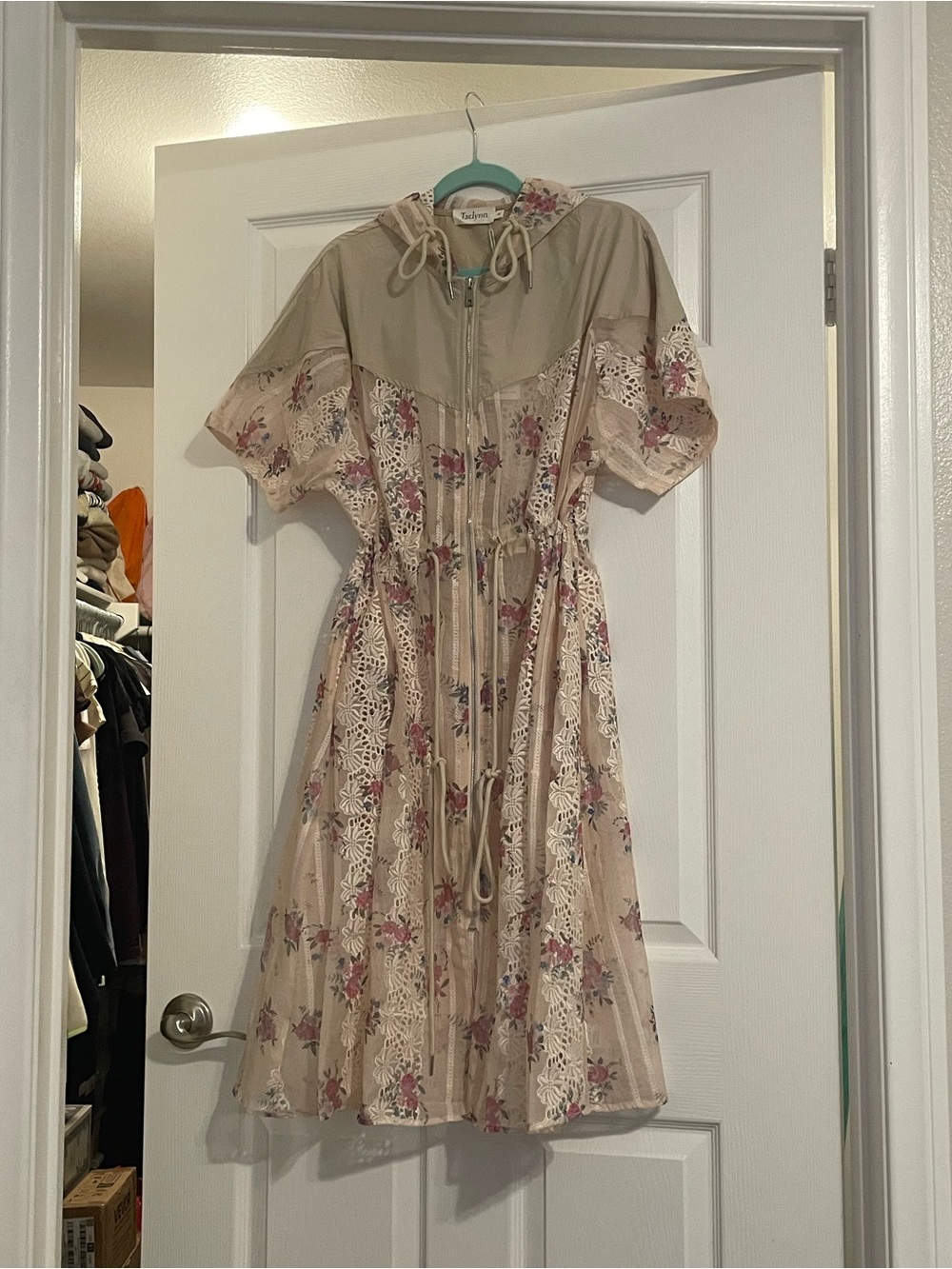 Floral Embroidered Drawstring Hooded Trench Coat - Beige/Pink